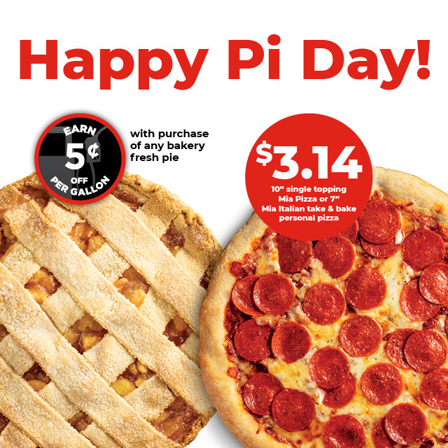 One-topping MIA Italian pizzas and personal take-and-bake pizzas are just $3.14. Get any bakery-fresh pie for a five-cent Fuel Saver reward.